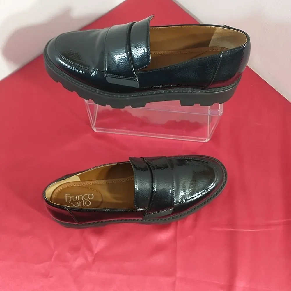 Franco Sarto Shoes Womens Size 8.5M Brindy Black Patent Leather Chunky Loafer.